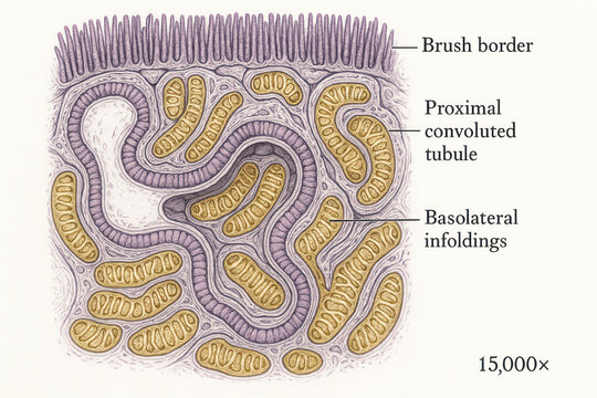 Microscopic view of a kidney proximal convoluted tubule with brush border and basolateral infoldings, 15,000x magnification