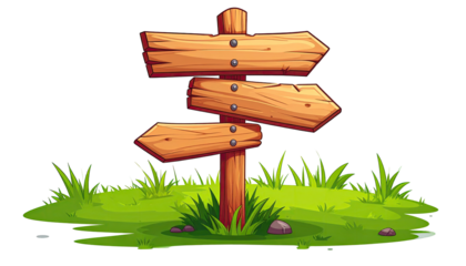 Wooden signpost with three directional arrows, set in a grassy area