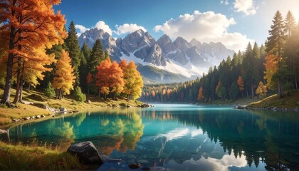 Autumn lake nestled amidst majestic mountains