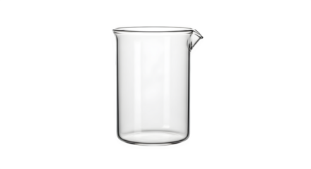 Empty glass beaker isolated on transparent background, a common laboratory glassware used for stirring, mixing, and heating liquids in experiments