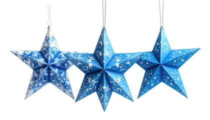 Three blue paper stars, decorated with white snowflake patterns, hang from strings
