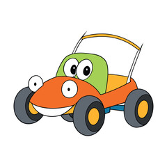 A cartoon buggy with big wheels and a playful design, featuring bold outlines and fun details, perfect for kids’ coloring, adventure themes, or creative activities.
