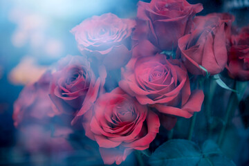 窓越しの赤いバラ