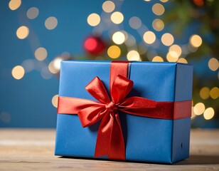Blue gift box with red ribbon, bokeh lights, and Christmas tree in background