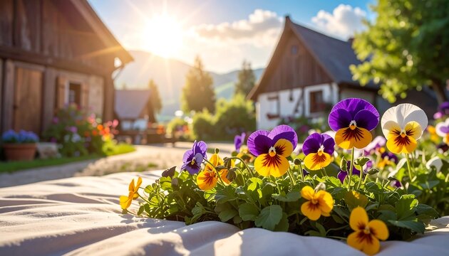 Vibrant flowers in a picturesque village at sunset
