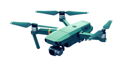 Teal drone, graphic illustration, futuristic, aerial vehicle.  A teal-colored drone with visible propellers and chassis components.  The design is stylized and graphic