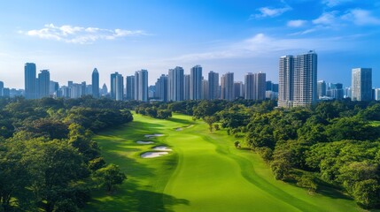 Aerial view of a lush green golf course with cityscape background under blue sky