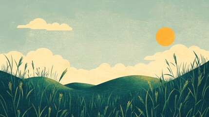 Illustration of a green landscape with grass rolling hills and a bright sun