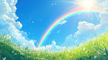Vibrant rainbow arcs across blue sky above a green field illustration
