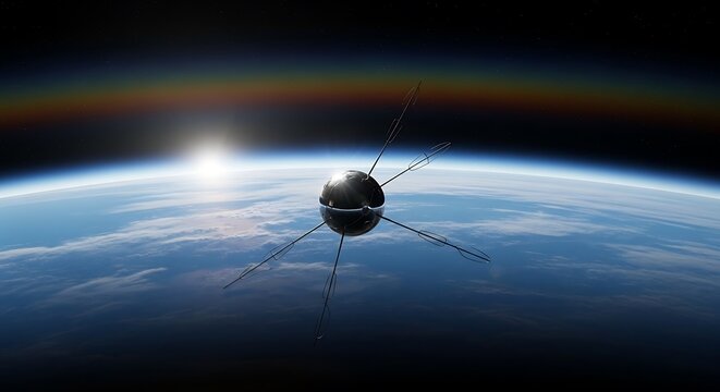 Sputnik 1 satellite orbiting Earth with a vibrant sunrise.