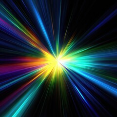 Abstract burst of colorful light rays radiating from a central point on black background