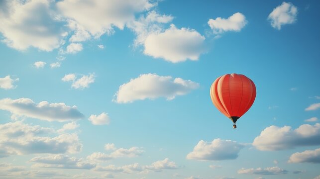 A lone hot air balloon drifting towards the horizon in a vast blue sky filled with fluffy white clouds, Position subject on the right with clear copy space on the left for photos.