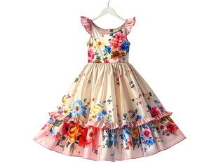 A light beige children's dress with floral print, ruffles, and tiered skirt
