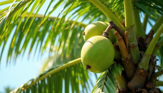 Palm tree's graceful branches laden with ripe, green fruit , scene, paradise