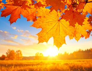 Autumn leaves at sunset