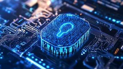 Abstract Glowing Blue Chip with Key Shape on Circuit Board Background