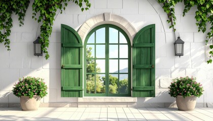 Green shutters flank an arched window offering a view of the outside trees and landscape, adorning a white brick facade.
