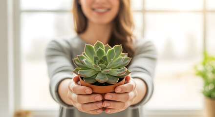 Woman holding a succulent plant in terracotta pot indoors.
