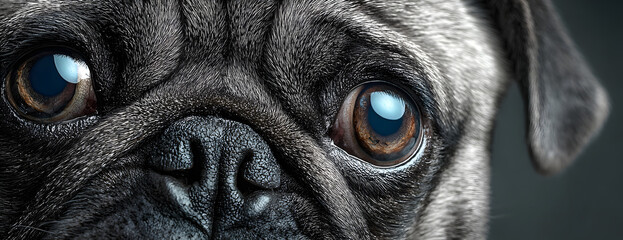 pug dog with gray fur exposing only half of head