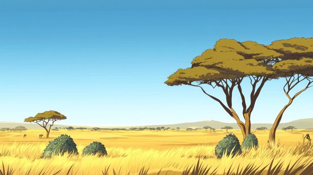 Cartoon savanna illustration with stylized trees yellow grass and blue sky