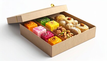 Vibrant 3D render of mithai box filled with assorted colorful Indian sweets, perfect for Diwali festival, cultural food design, holiday promotions, and celebration marketing visuals