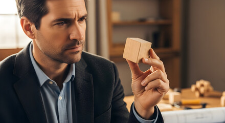 Architect analyzing wooden block, conceptual design, business, and architecture concepts.
