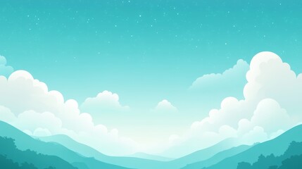 Flat design style illustration of a serene landscape with a subject at the top against a backdrop of a clear blue sky filled with fluffy white clouds, Sparkling teal tones add a touch of magic to the