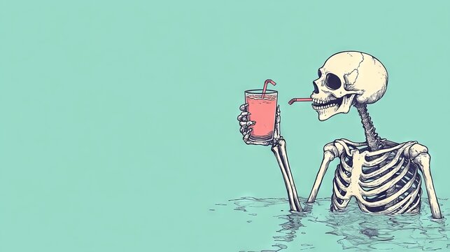Skeleton in pool flamingo sipping drink on the right, with clear copy space on the left for a funny t-shirt print, Tropical vacation character relaxing.