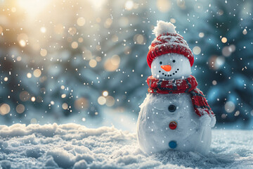 Fototapeta premium Merry Christmas and Happy New Year greeting card with copy-space, happy snowman standing in snowy Christmas landscape, pine trees, falling snow, winter fairytale atmosphere, cozy and magical feeling