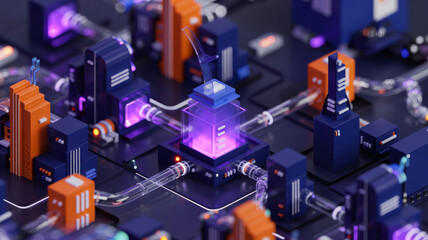 A futuristic server farm with glowing purple lights and orange accents, showcasing data flow and connectivity