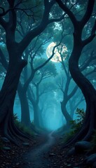 Pitch black canopy, twisted branches, uneven ground, night, fantasy