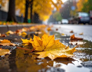 Autumn leaves in a puddle on a rainy street