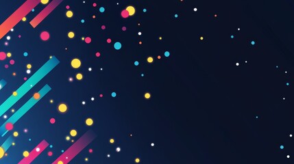 High-contrast vector pattern of multicolored neon paper strips and dots floating over midnight blue, subtle gradient and spotlight zone for headline