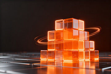 Stacked transparent orange cubes with glowing edges and orbital light trails on a reflective surface