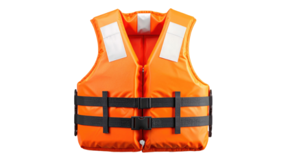 Orange life vest, front view, safety equipment