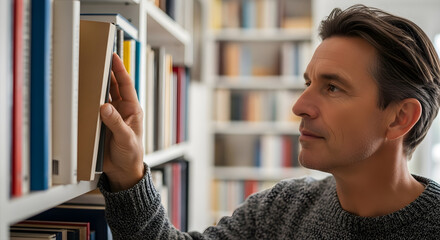Man browsing books on shelf, looking for knowledge and information.