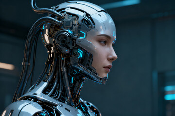 Fototapeta premium Profile view of a humanoid robot with advanced cybernetic features and glowing blue circuitry