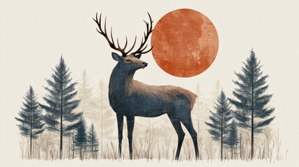 Deer in forest landscape illustration