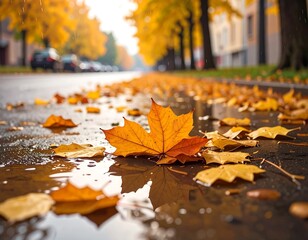 Autumn leaves on a wet street