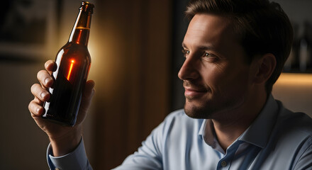 Man examining a bottle of beer with a thoughtful expression.