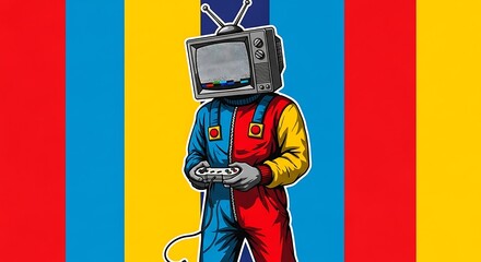 Surreal Pop Art Gamer with a Retro Television for a Head.