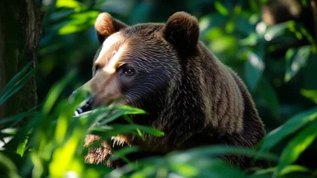 Brown bear with dark-chestnut fur stands in dense green forest with sunlight filtering through, strength, wilderness, nature power, and the majestic presence of one of Earth great predators.