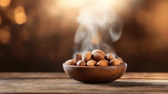 Bowl of steaming nuts on a wooden surface with blurred background