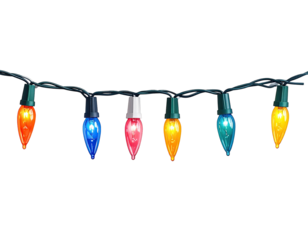 Colorful Christmas lights strung on a wire