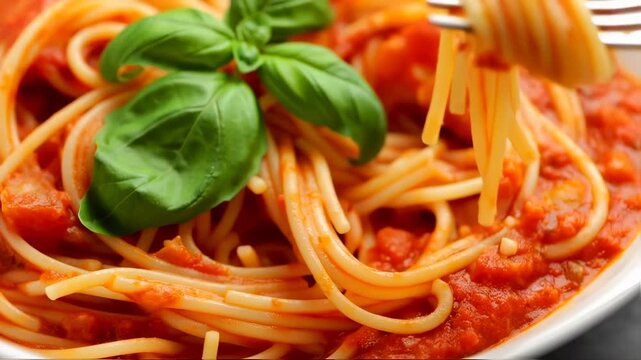 Close-up of spaghetti with tomato sauce and basil