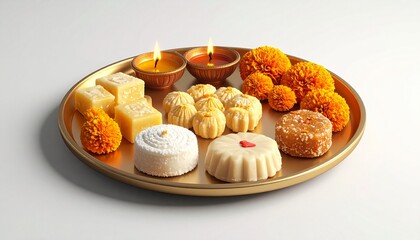 Festive 3D render of Indian thali featuring sweets, diyas, and marigold flowers, symbolizing Diwali tradition, perfect for holiday culture, seasonal marketing, and celebration design