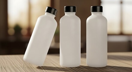 Three white reusable water bottles with black caps on a wooden table.