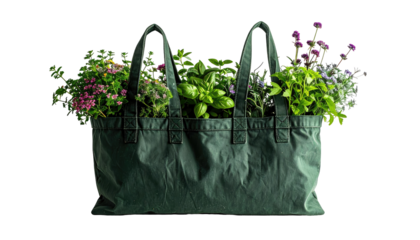 Dark-green tote bag filled with vibrant herbs and flowers
