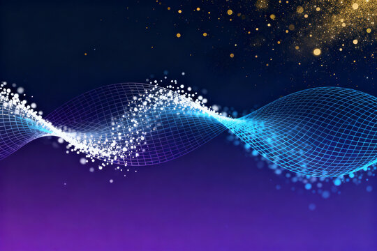 Abstract digital wave pattern with glowing particles and grid lines on a gradient background