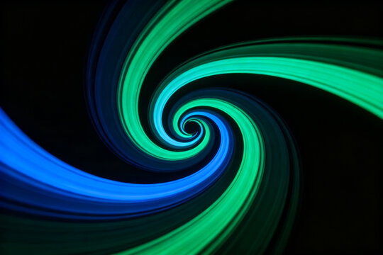 Abstract spiral pattern with swirling blue and green light trails on a dark background - Powered by Adobe